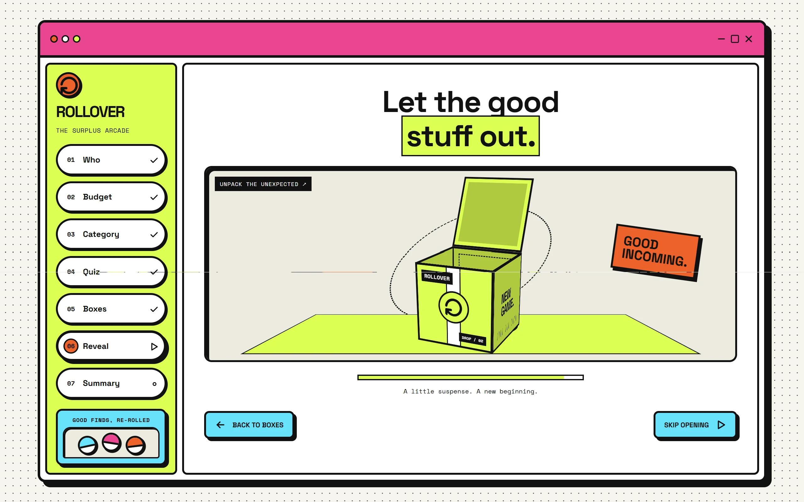 ROLLOVER box-opening screen with a lime lid lifting above the selected box, a progress bar, and Back to boxes and Skip opening controls.
