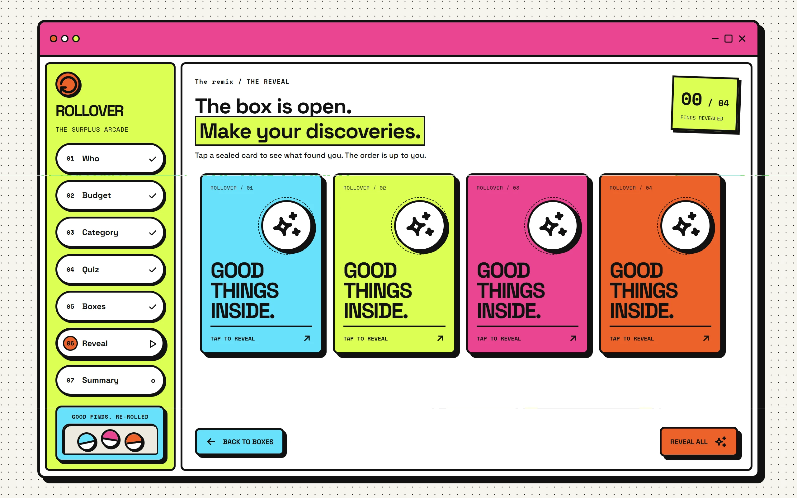 ROLLOVER individual item reveal with four sealed cards, zero of four finds revealed, and controls to go back to boxes or reveal all.