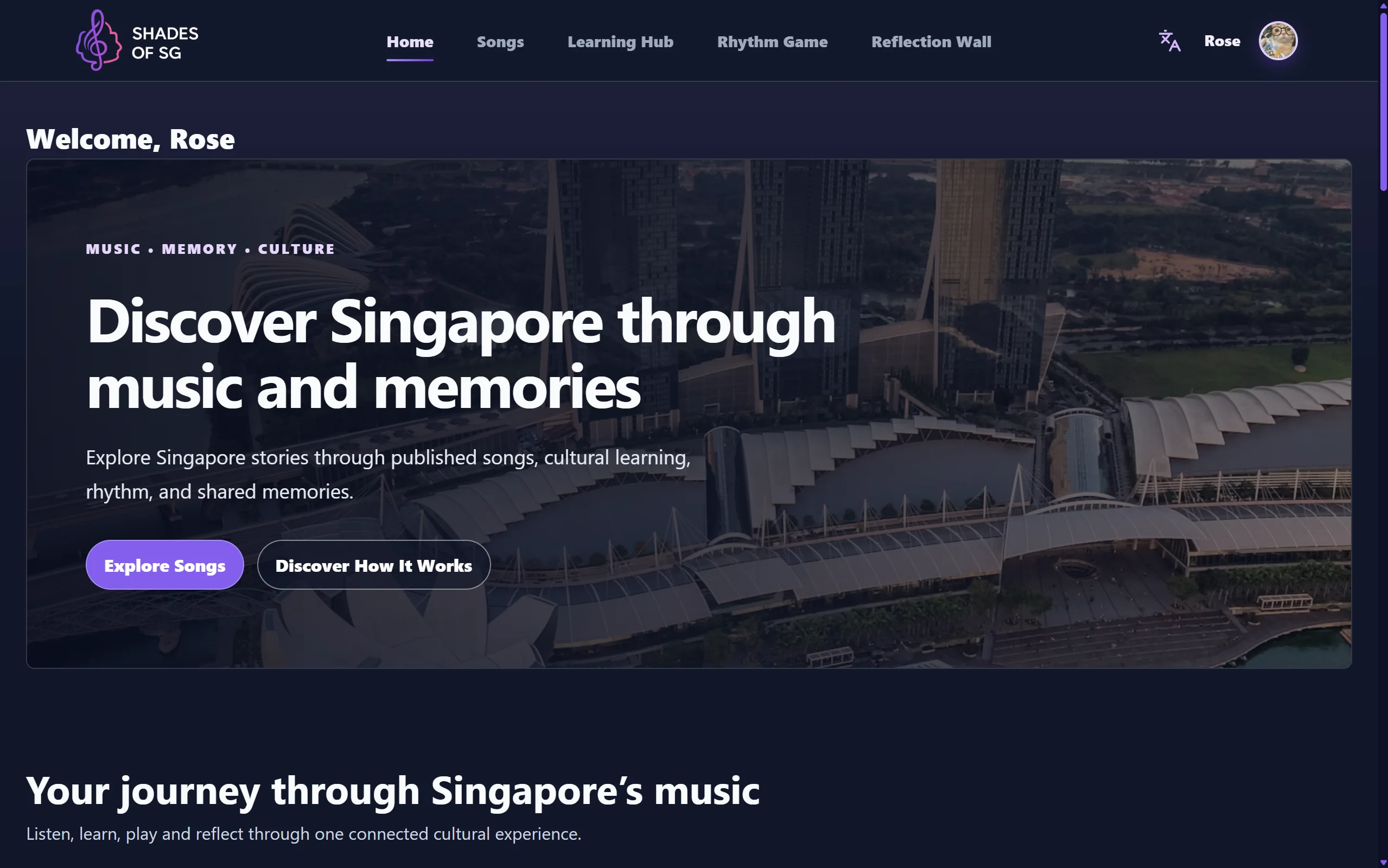 Shades of SG home platform portal showing Singapore music, memories, and culture discovery features.