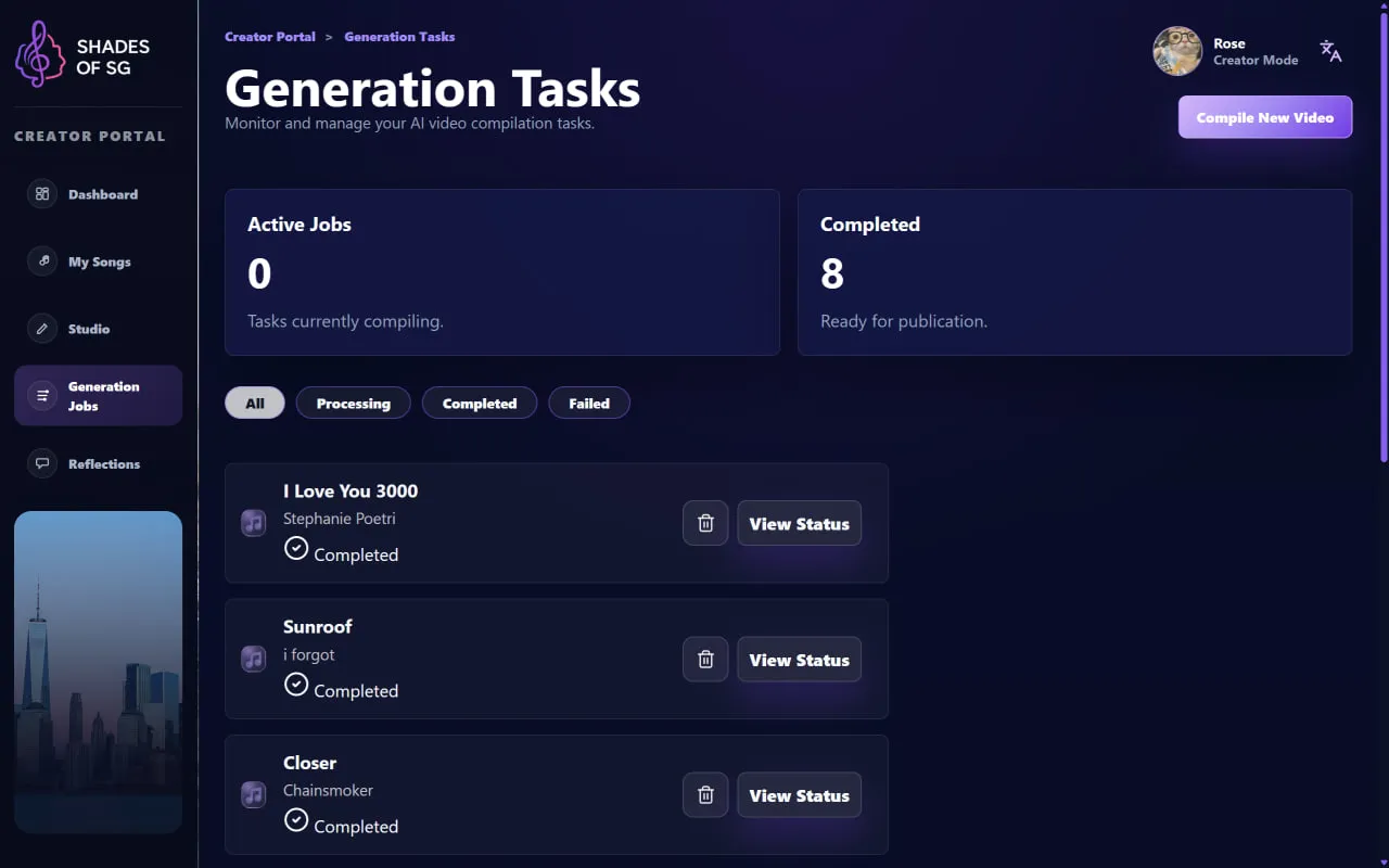 Shades of SG generation dashboard with active and completed job counts, status filters, and completed song cards.