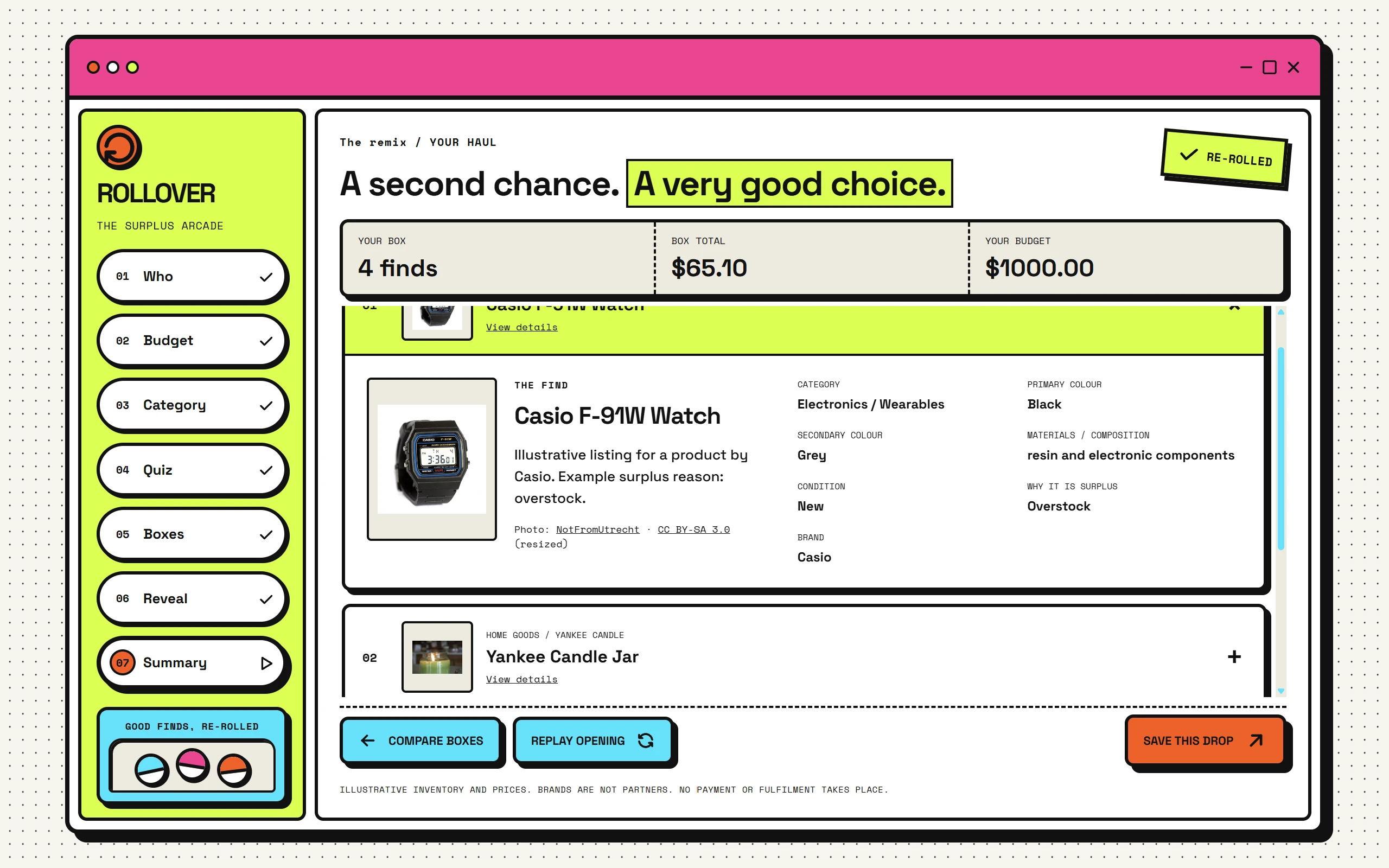 ROLLOVER haul summary showing four finds for 65.10 dollars against a 1000 dollar budget, expanded Casio F-91W details, a collapsed candle entry, and Compare boxes, Replay opening and Save this drop controls.