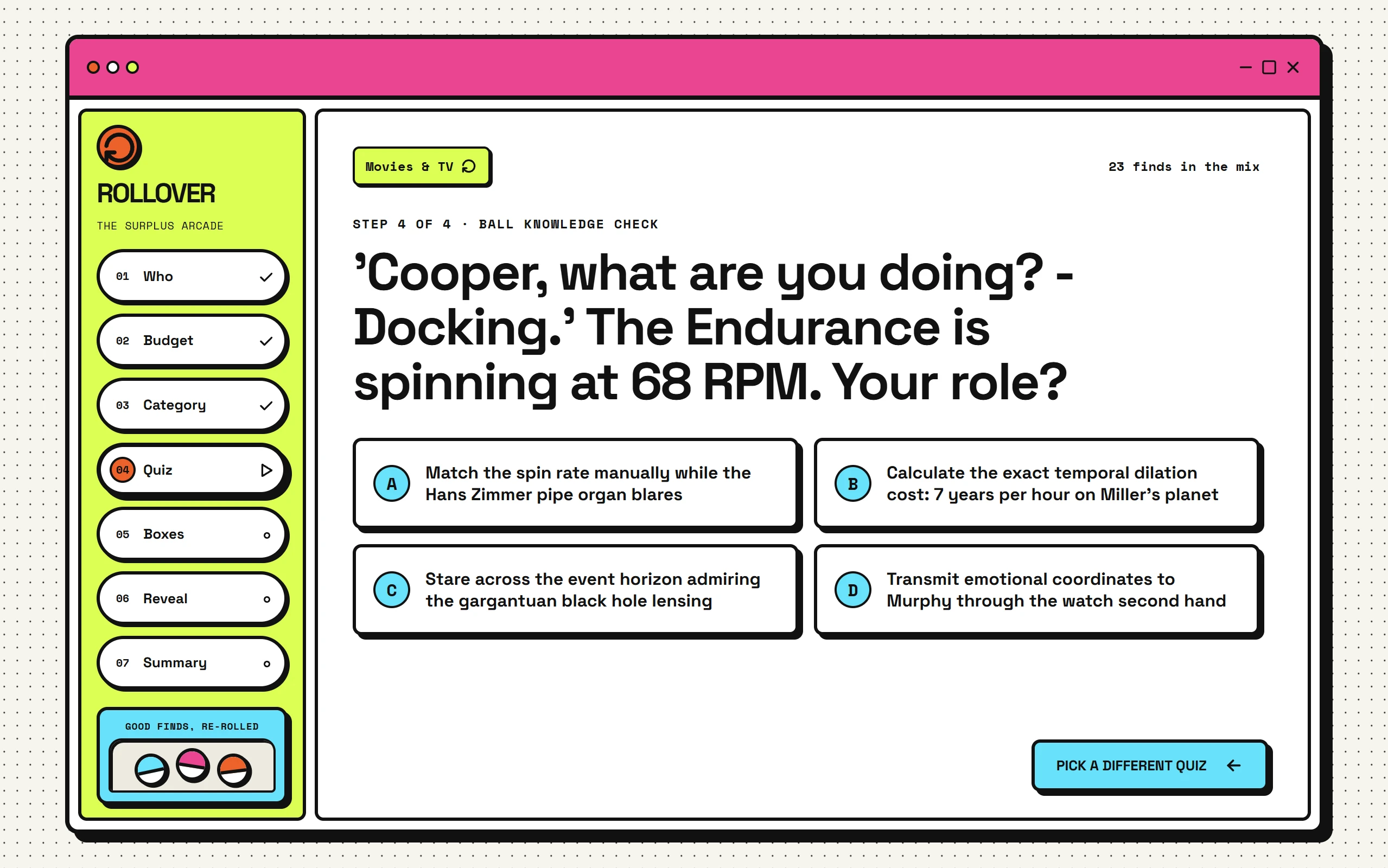 ROLLOVER Movies and TV quiz, step four of four, asking which role the user would take in an Interstellar docking scenario, with four labeled choices.