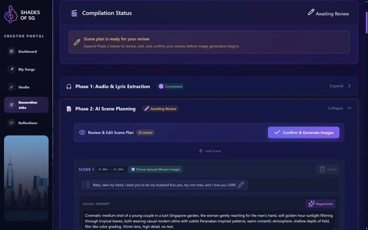 A Shades of SG job paused at Awaiting Review, showing a timestamped lyric pill, an editable visual prompt, and the confirm-and-generate control.