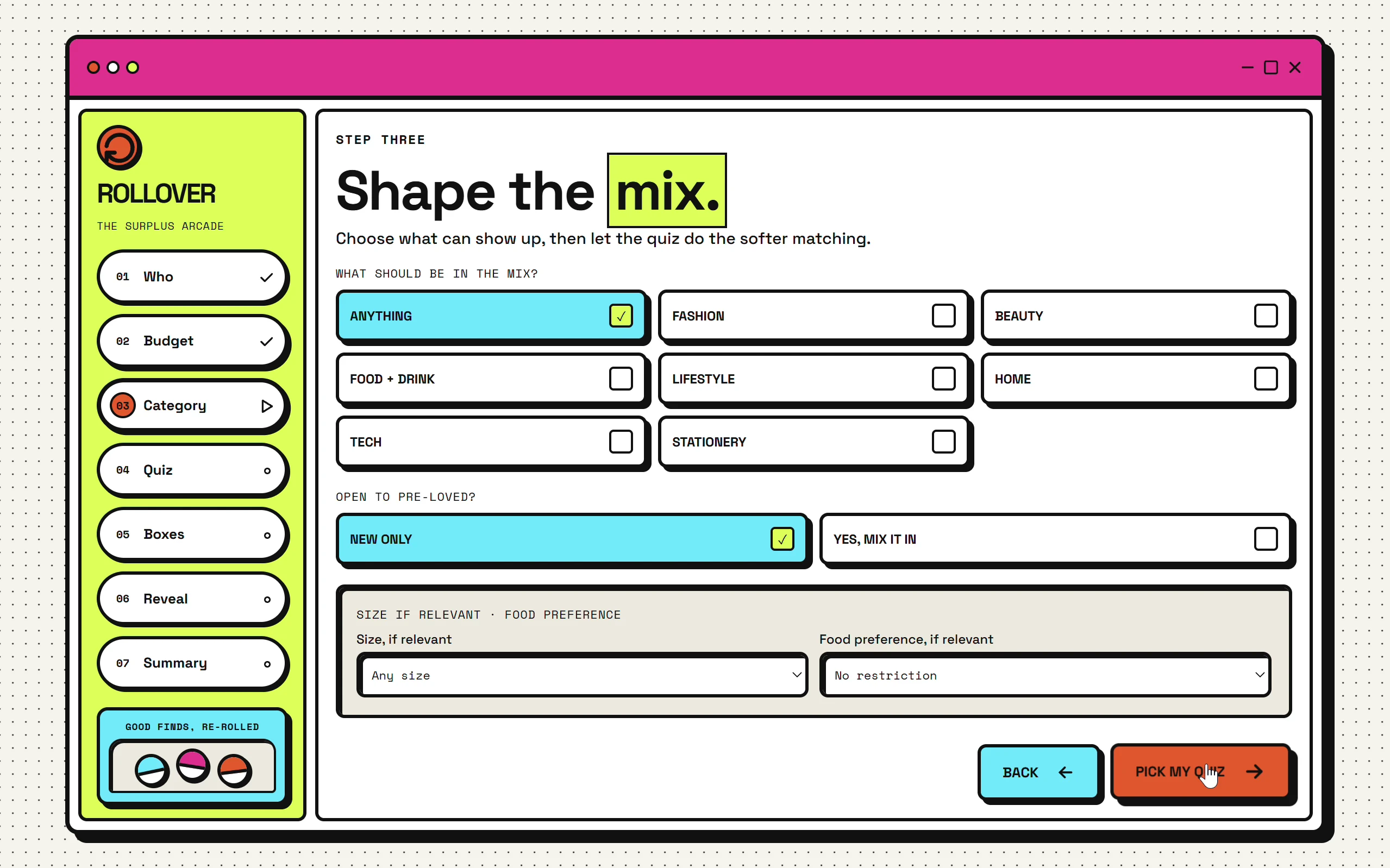ROLLOVER Shape the mix screen with category checkboxes, new or preloved condition choices, and size and food preference controls.