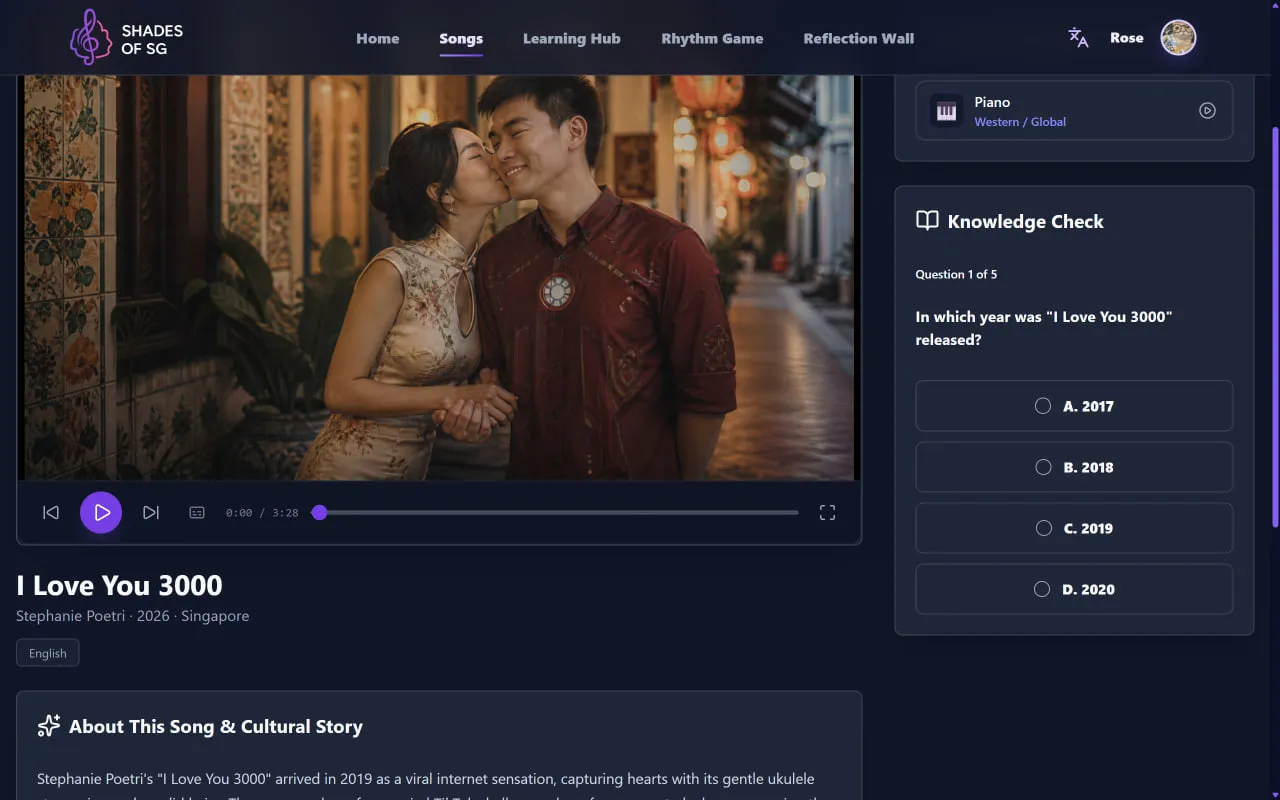 Shades of SG public song page for I Love You 3000, with a video player, track details, song article, instrument card, and interactive quiz.