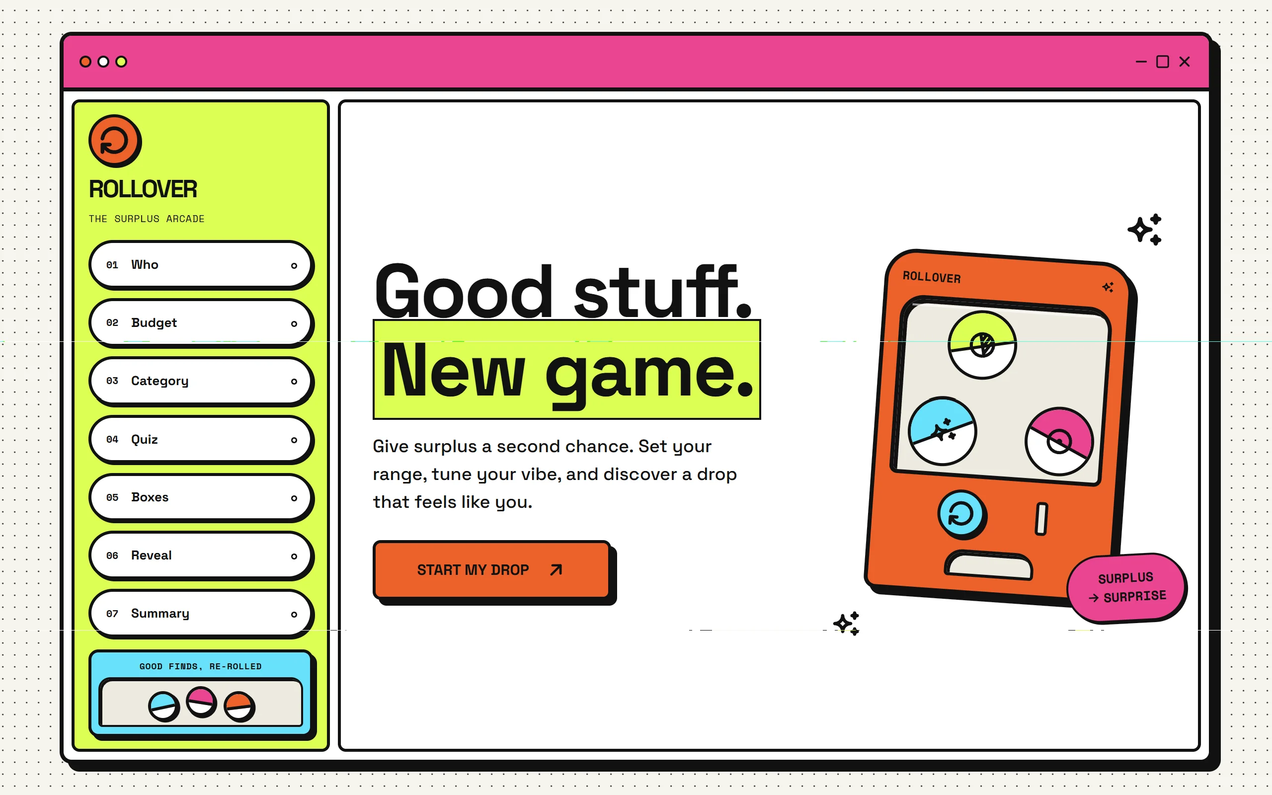 ROLLOVER starting page with an illustrated capsule machine, the message Good stuff. New game., a Start my drop button, and a seven-stage navigation rail.