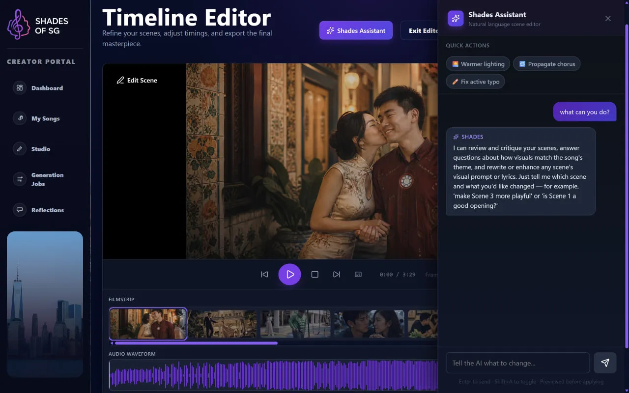 Shades of SG timeline editor with a video preview, scene filmstrip, audio waveform, and Shades Assistant chat drawer.